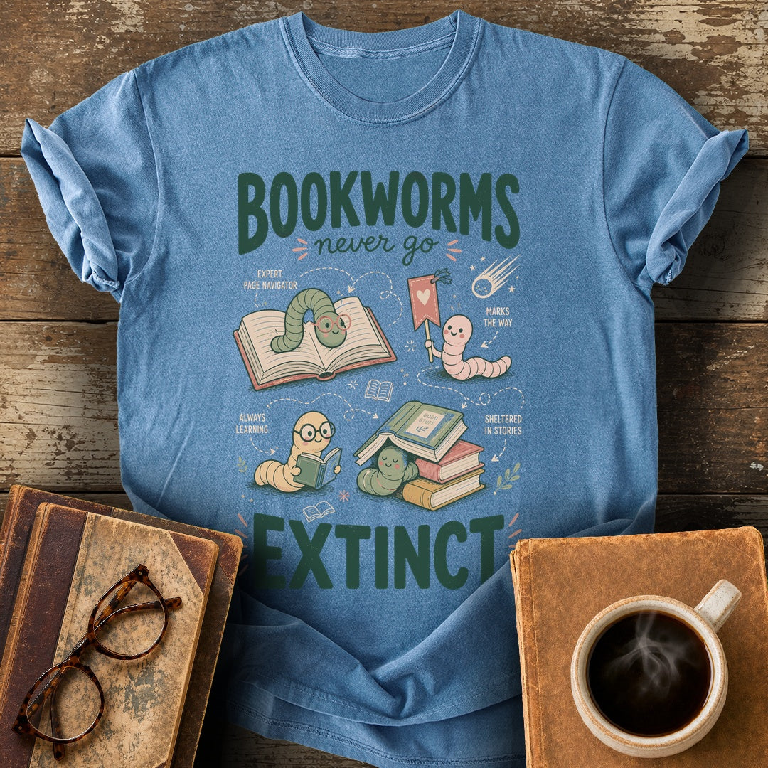 Bookworms Never Go Extinct Tee - blue jean shirt mockup